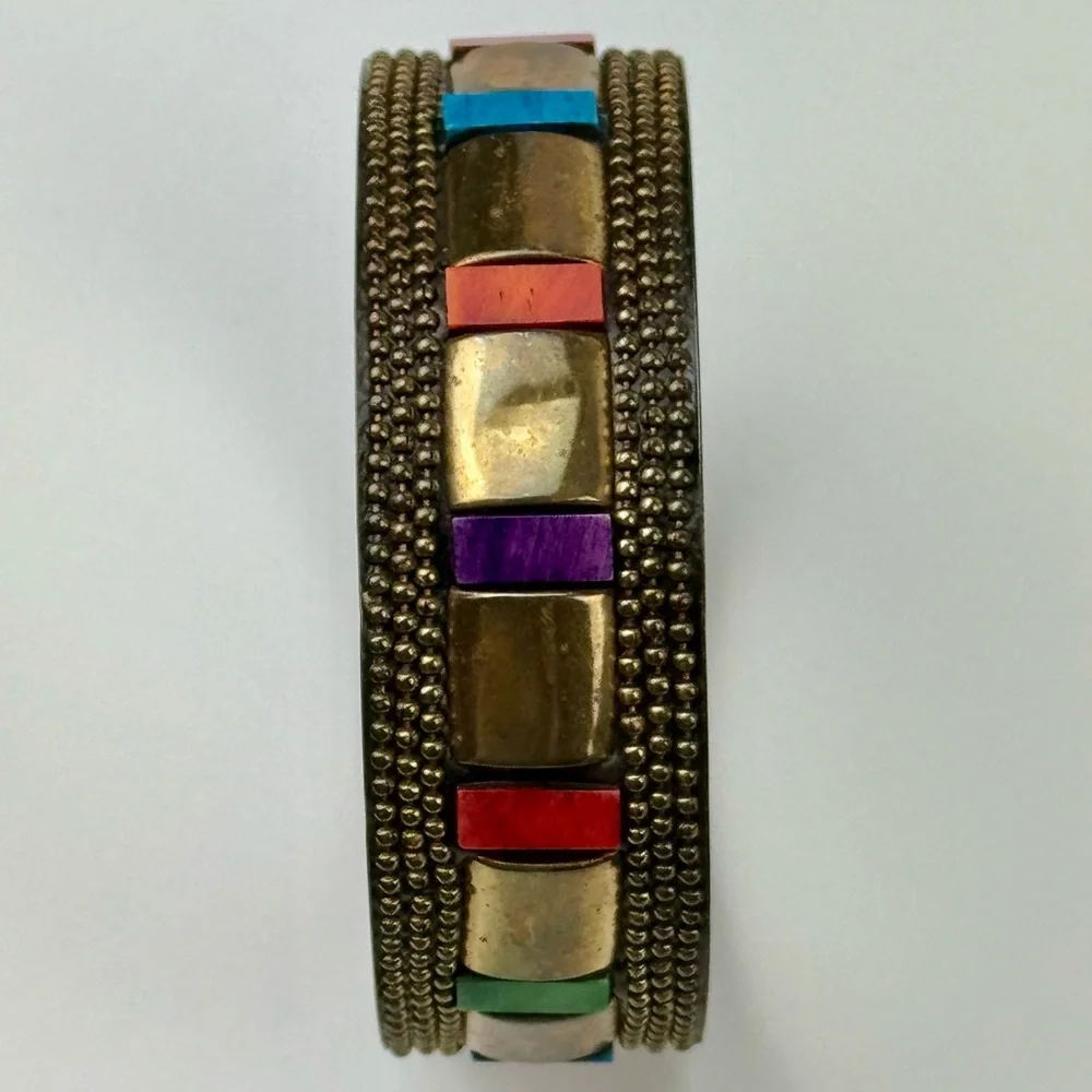 Unique Vintage 80s‎ - Early 90s Brass Colorful Beaded Thick Bangle Bracelet